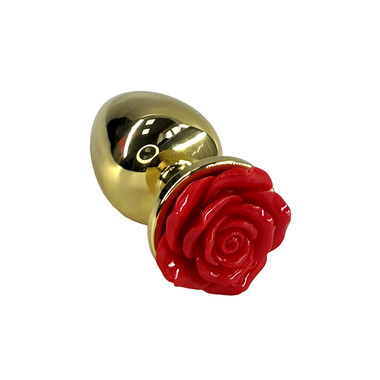 Золотая анальная пробка с ограничителем в форме красной розы (Large)