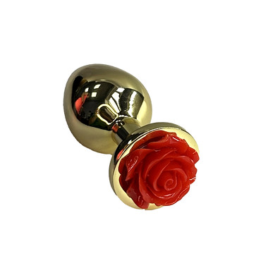 Золотая анальная пробка с ограничителем в форме красной розы (Medium)