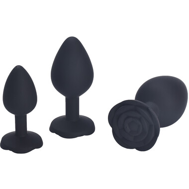 Чёрная силиконовая анальная пробка с ограничителем в форме розочки (Размер S)