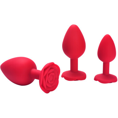 Красная силиконовая анальная пробка с ограничителем в форме розочки (Размер S)